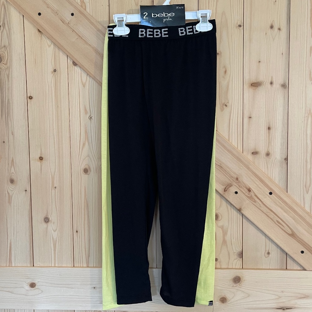 Bebe Set of 2 Black/Neon Yellow Girls Leggings NWT Size M 10-12